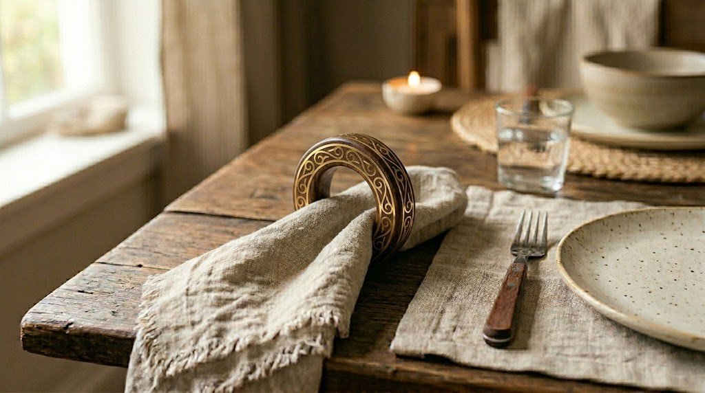 Handcrafted Acacia Wood Napkin Ring with Brass Floral Inlay