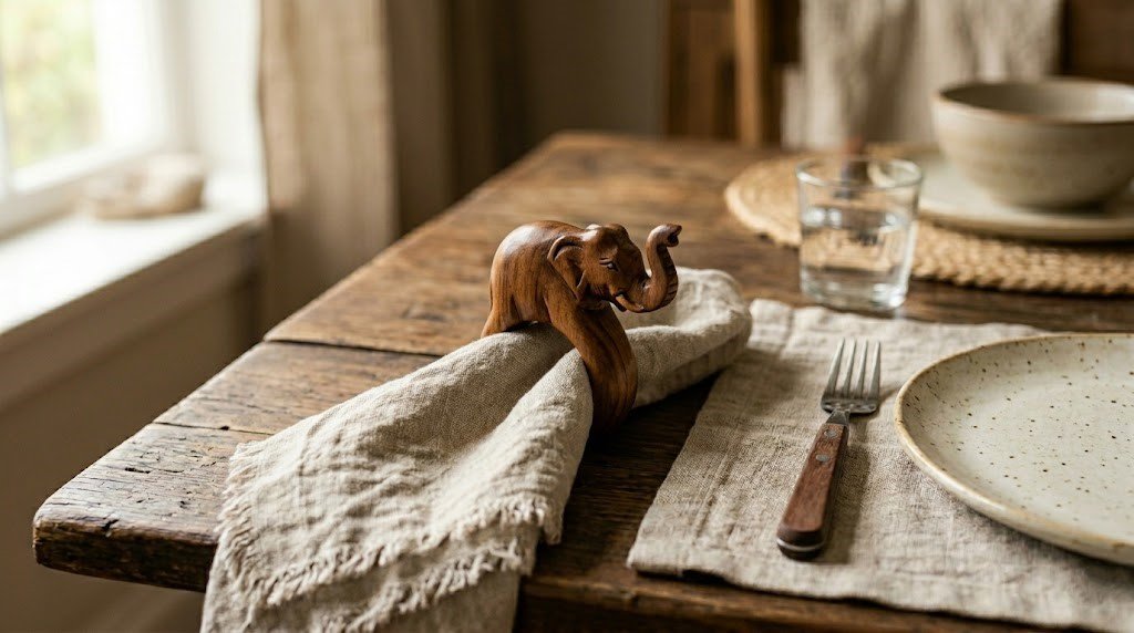 Hand-Carved Sheesham Wood Elephant Napkin Holder Ring