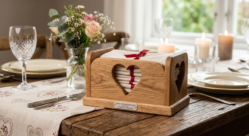 Rustic Oak Wood Napkin Holder with Heart Cut-out Detail
